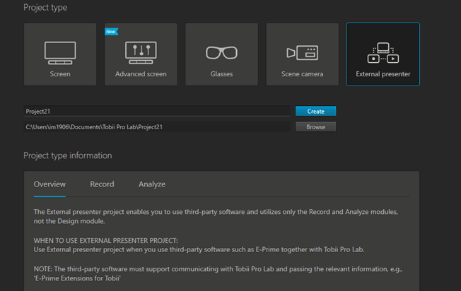 Tobii Pro Lab project types