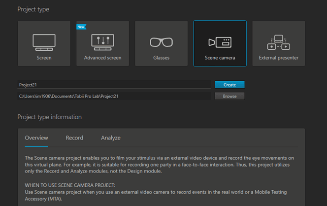 Tobii Pro Lab project types