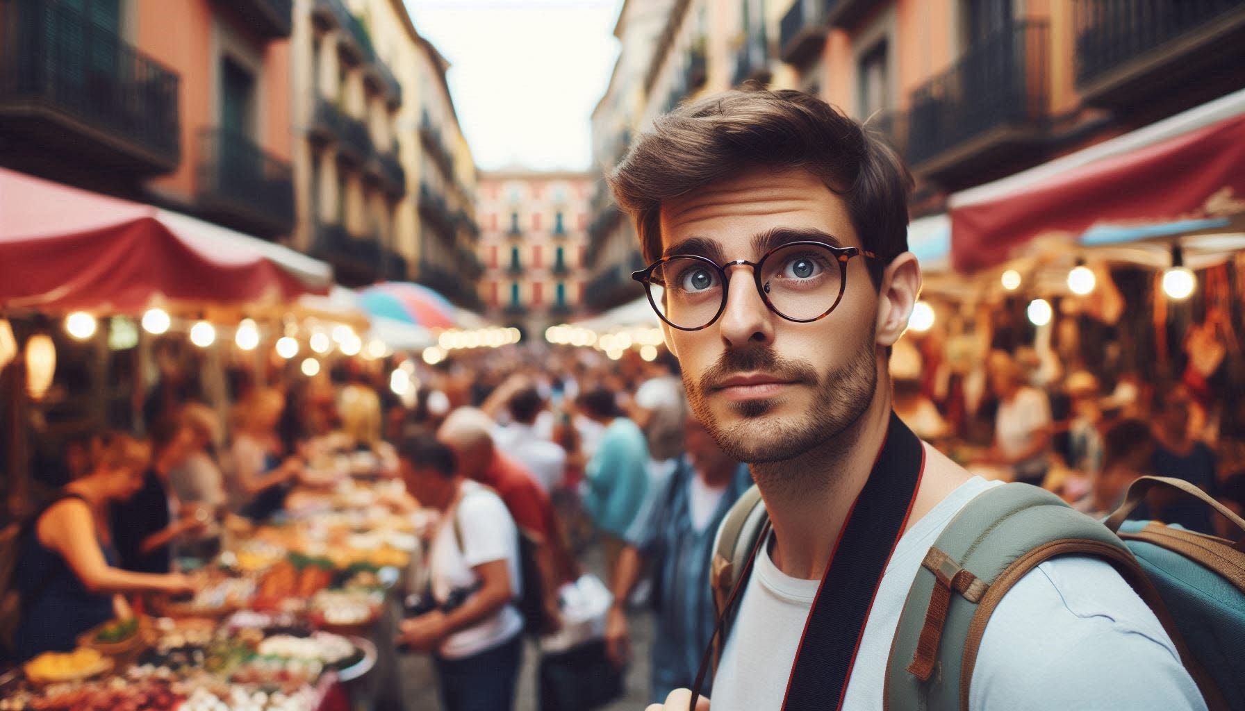 A tourist in a busy street