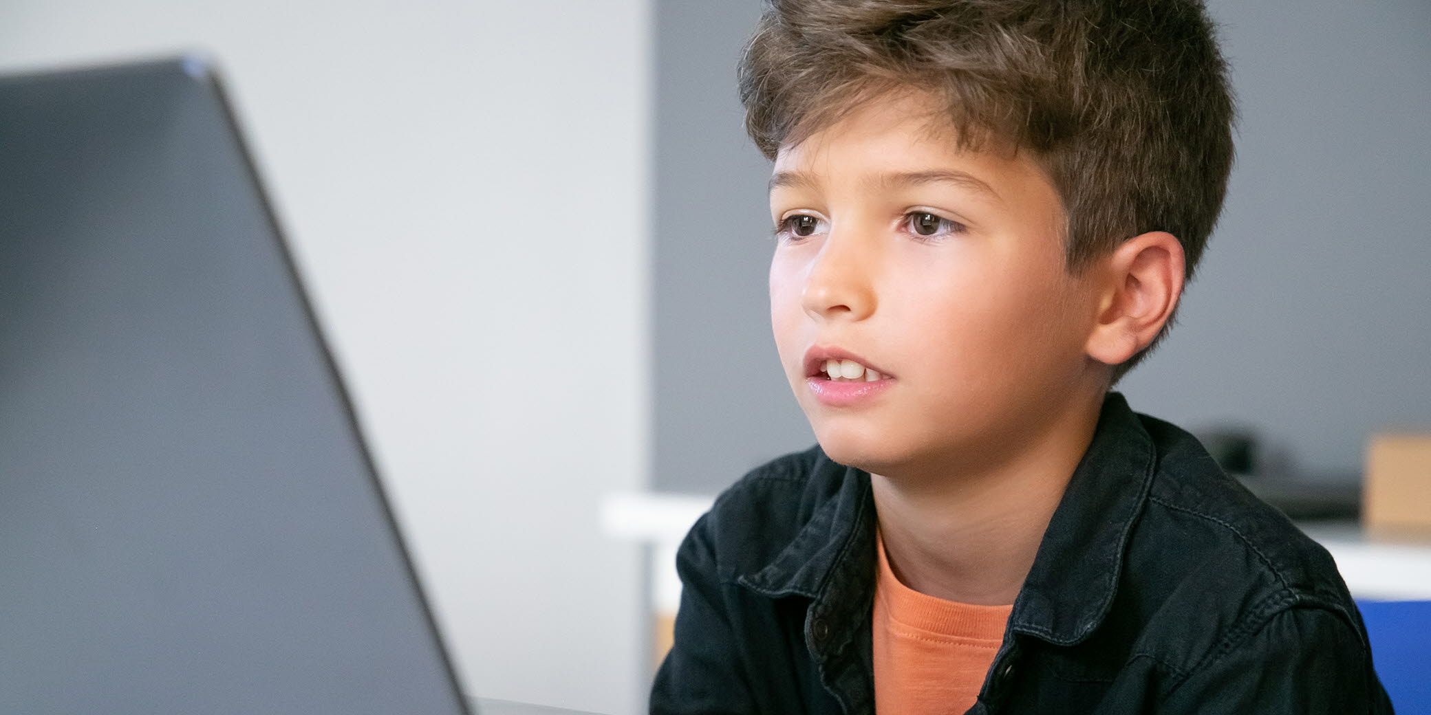 A boy reading off a laptop computer