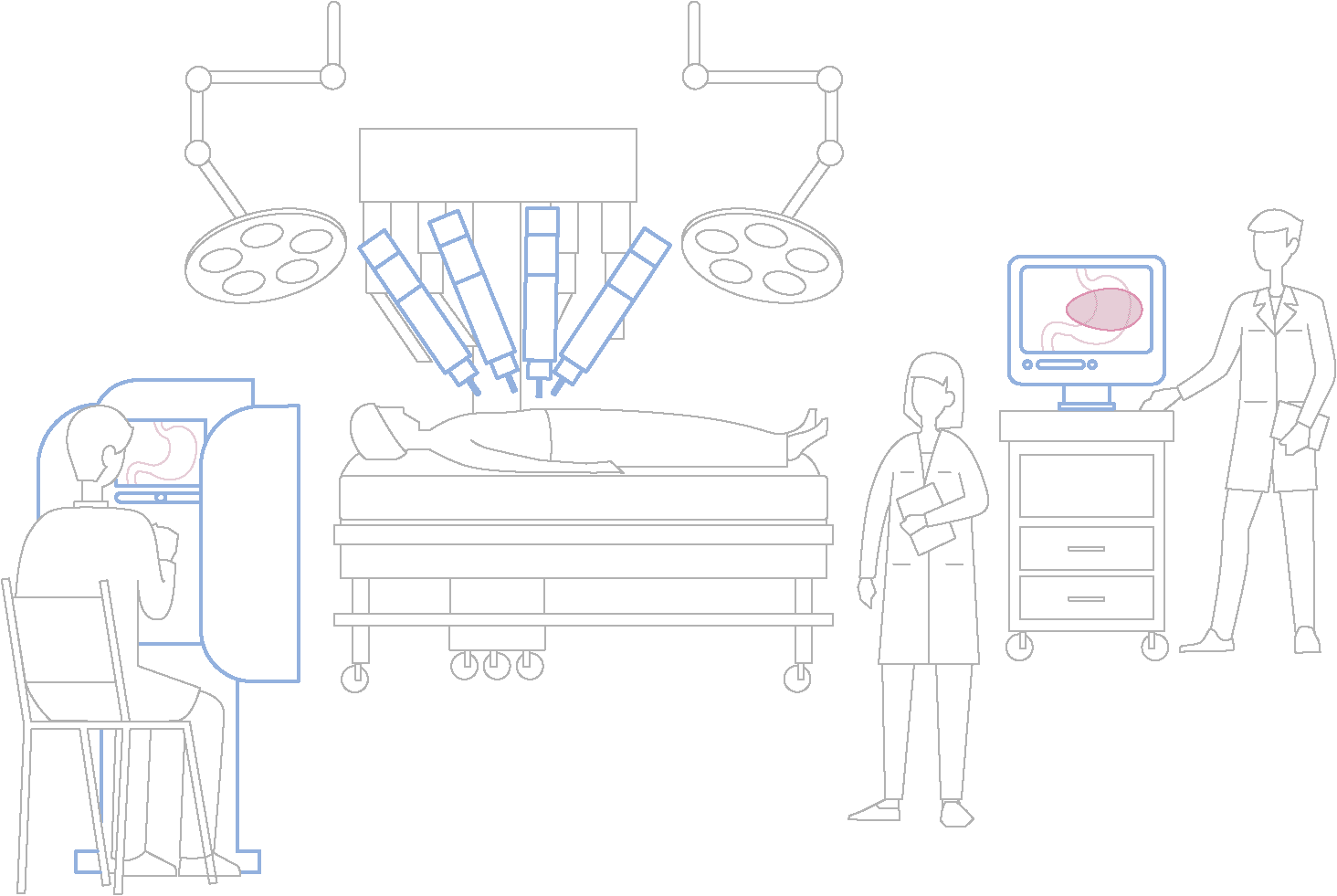 Surgeon at console with remote robots conducting surgery